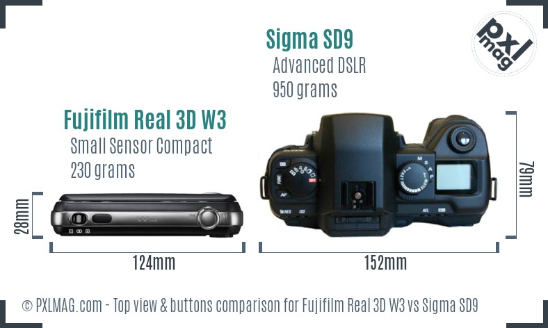 Fujifilm Real 3D W3 vs Sigma SD9 top view buttons comparison