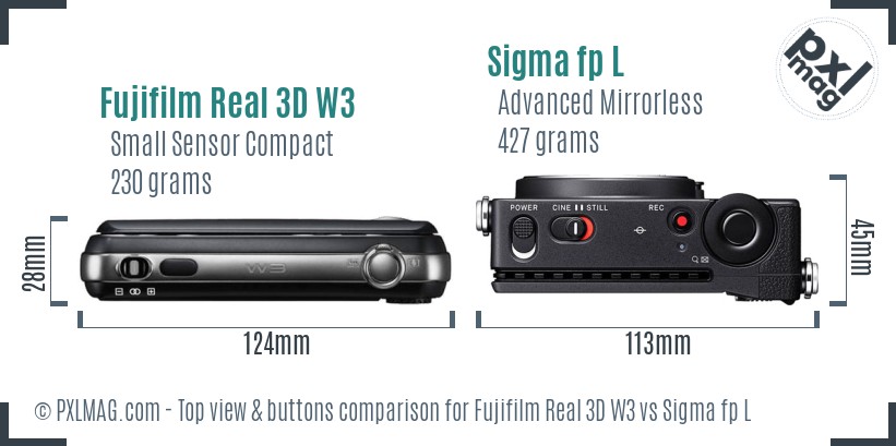 Fujifilm Real 3D W3 vs Sigma fp L top view buttons comparison