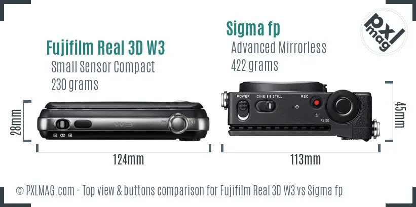 Fujifilm Real 3D W3 vs Sigma fp top view buttons comparison Fujifilm Real 3D W3 vs Sigma fp top view buttons comparison