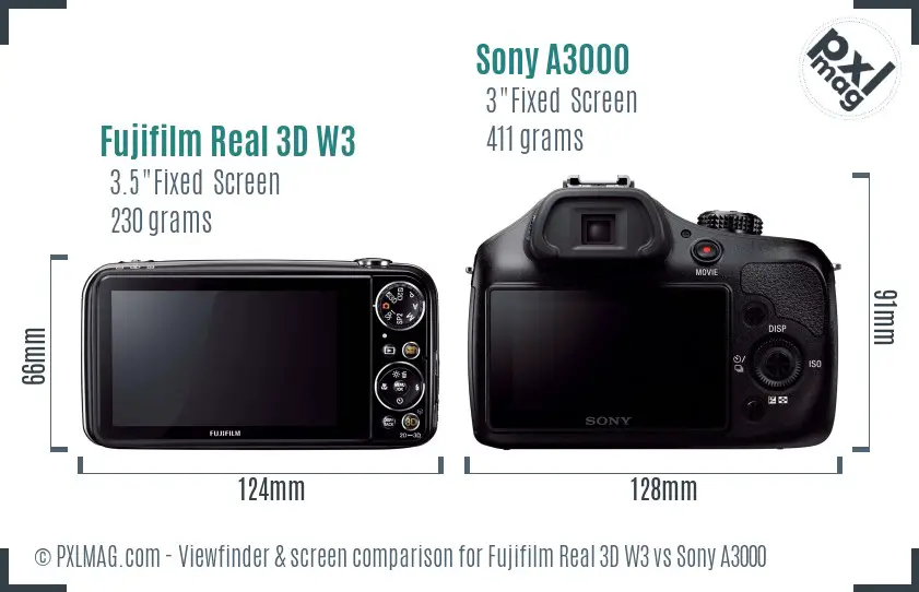 Fujifilm Real 3D W3 vs Sony A3000 Screen and Viewfinder comparison