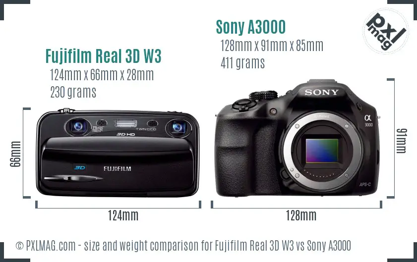 Fujifilm Real 3D W3 vs Sony A3000 size comparison Fujifilm Real 3D W3 vs Sony A3000 size comparison