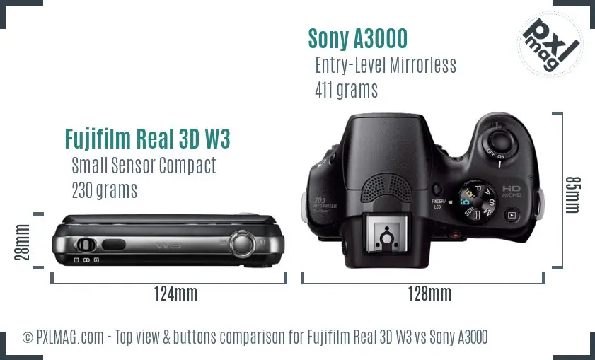 Fujifilm Real 3D W3 vs Sony A3000 top view buttons comparison