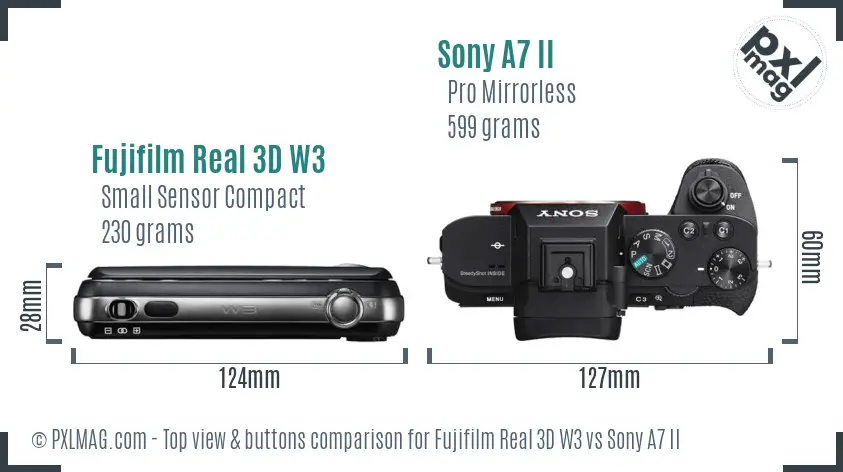 Fujifilm Real 3D W3 vs Sony A7 II top view buttons comparison Fujifilm Real 3D W3 vs Sony A7 II top view buttons comparison