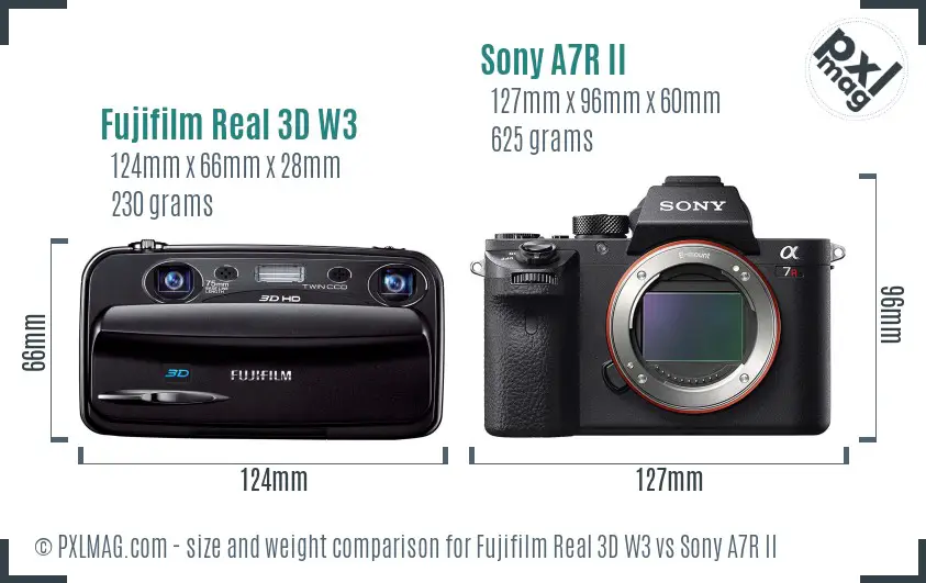 Fujifilm Real 3D W3 vs Sony A7R II size comparison