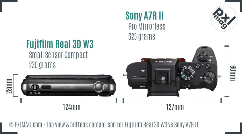 Fujifilm Real 3D W3 vs Sony A7R II top view buttons comparison