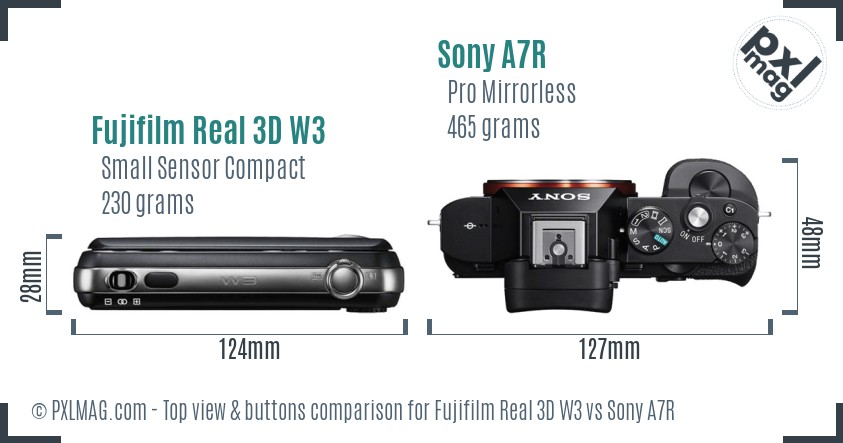 Fujifilm Real 3D W3 vs Sony A7R top view buttons comparison