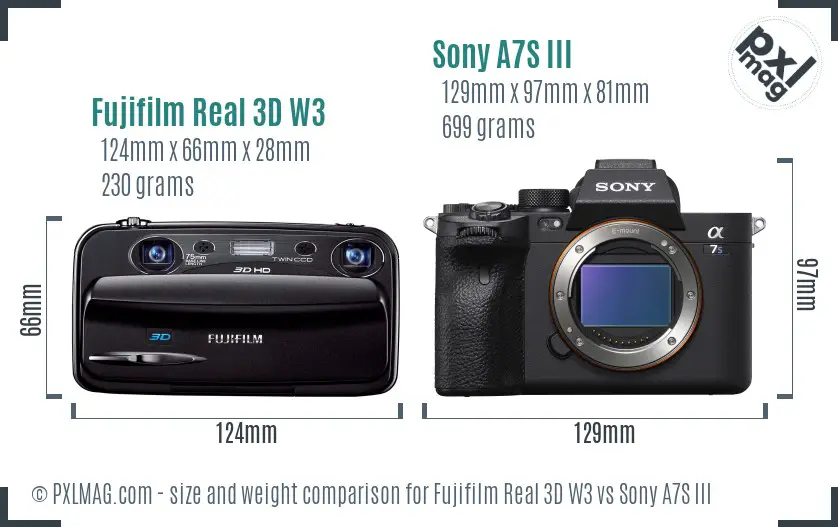 Fujifilm Real 3D W3 vs Sony A7S III size comparison