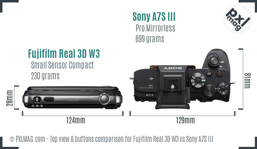 Fujifilm Real 3D W3 vs Sony A7S III top view buttons comparison