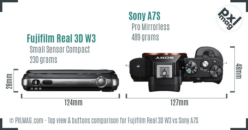Fujifilm Real 3D W3 vs Sony A7S top view buttons comparison Fujifilm Real 3D W3 vs Sony A7S top view buttons comparison