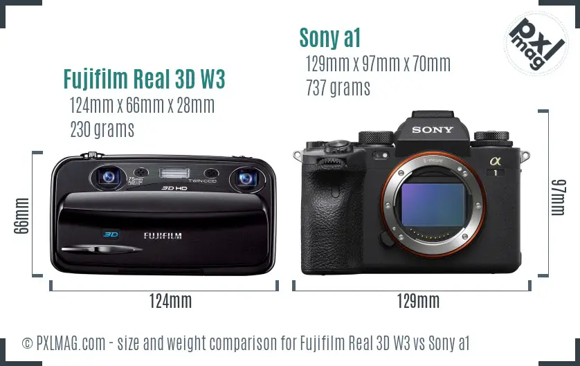 Fujifilm Real 3D W3 vs Sony a1 size comparison