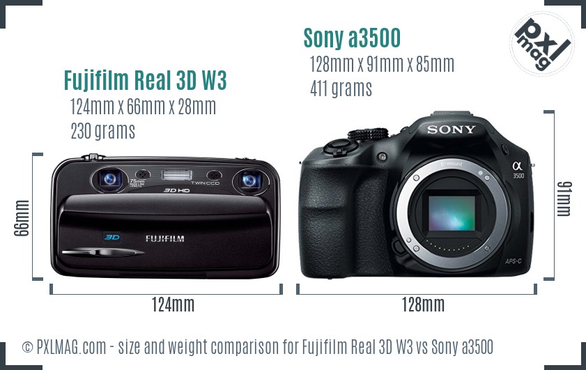Fujifilm Real 3D W3 vs Sony a3500 size comparison