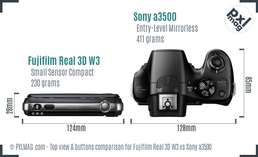Fujifilm Real 3D W3 vs Sony a3500 top view buttons comparison