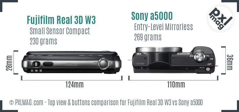 Fujifilm Real 3D W3 vs Sony a5000 top view buttons comparison Fujifilm Real 3D W3 vs Sony a5000 top view buttons comparison
