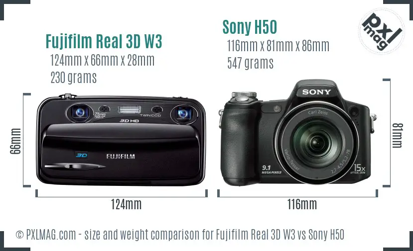 Fujifilm Real 3D W3 vs Sony H50 size comparison