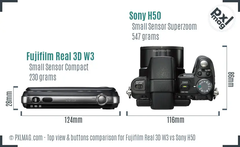 Fujifilm Real 3D W3 vs Sony H50 top view buttons comparison