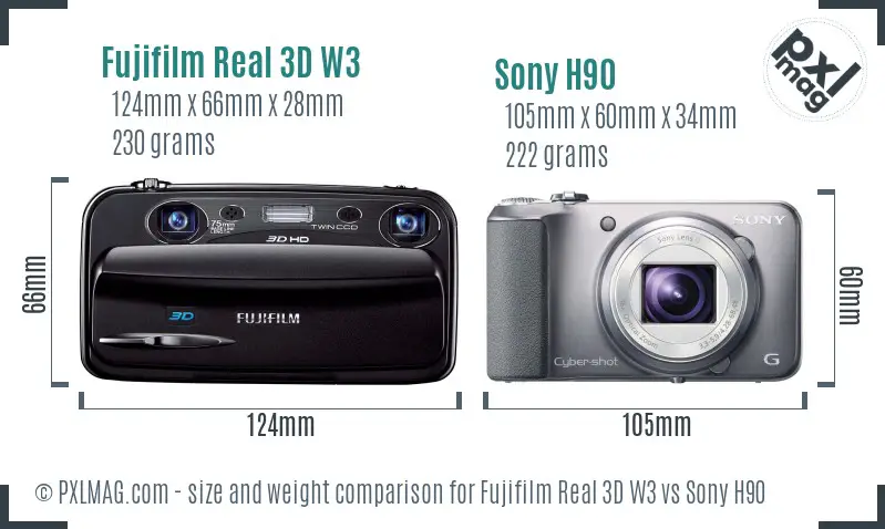 Fujifilm Real 3D W3 vs Sony H90 size comparison