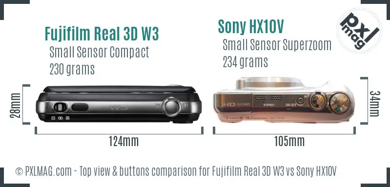 Fujifilm Real 3D W3 vs Sony HX10V top view buttons comparison