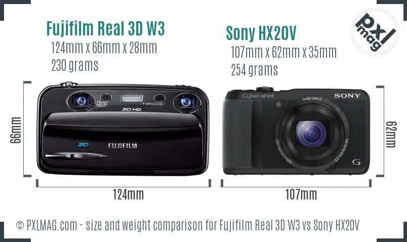 Fujifilm Real 3D W3 vs Sony HX20V size comparison