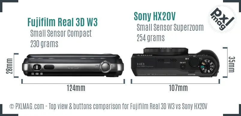 Fujifilm Real 3D W3 vs Sony HX20V top view buttons comparison