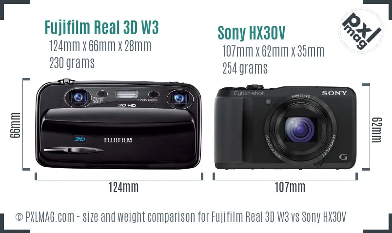 Fujifilm Real 3D W3 vs Sony HX30V size comparison Fujifilm Real 3D W3 vs Sony HX30V size comparison