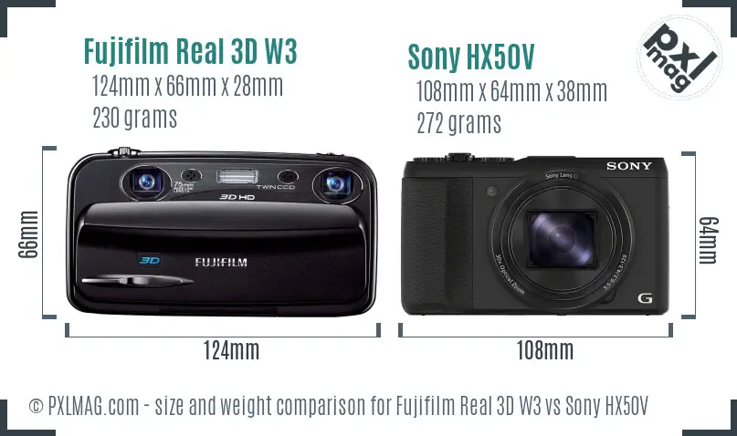 Fujifilm Real 3D W3 vs Sony HX50V size comparison