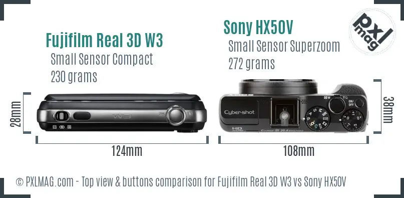 Fujifilm Real 3D W3 vs Sony HX50V top view buttons comparison