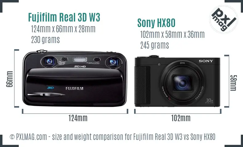 Fujifilm Real 3D W3 vs Sony HX80 size comparison