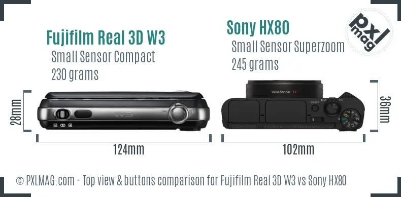 Fujifilm Real 3D W3 vs Sony HX80 top view buttons comparison