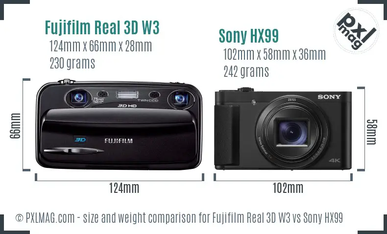 Fujifilm Real 3D W3 vs Sony HX99 size comparison