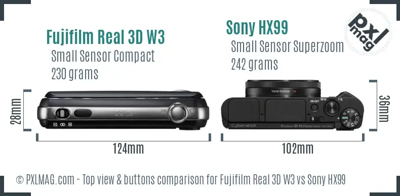 Fujifilm Real 3D W3 vs Sony HX99 top view buttons comparison