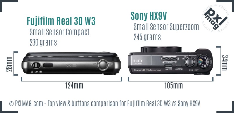 Fujifilm Real 3D W3 vs Sony HX9V top view buttons comparison