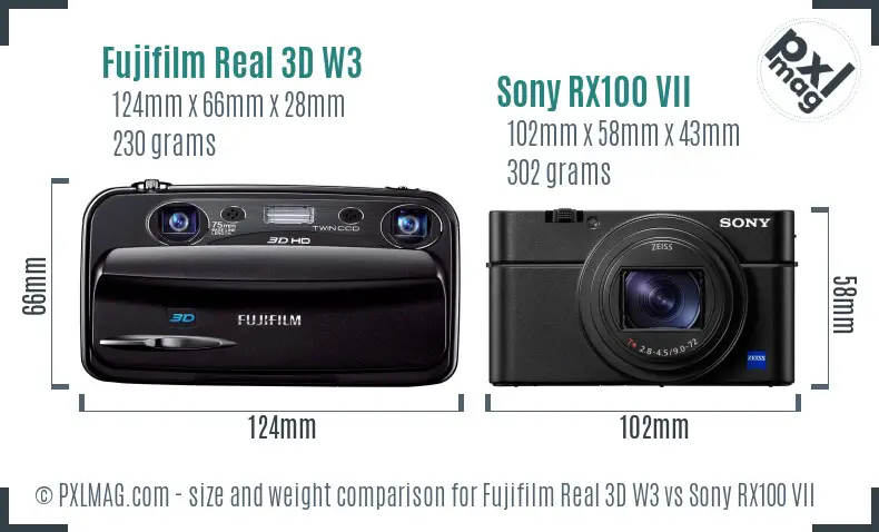 Fujifilm Real 3D W3 vs Sony RX100 VII size comparison Fujifilm Real 3D W3 vs Sony RX100 VII size comparison