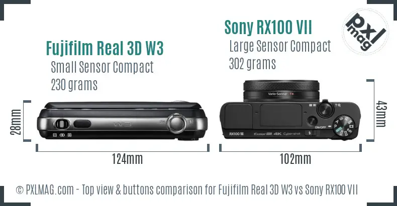 Fujifilm Real 3D W3 vs Sony RX100 VII top view buttons comparison Fujifilm Real 3D W3 vs Sony RX100 VII top view buttons comparison
