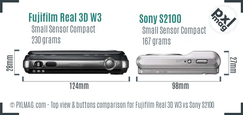 Fujifilm Real 3D W3 vs Sony S2100 top view buttons comparison Fujifilm Real 3D W3 vs Sony S2100 top view buttons comparison