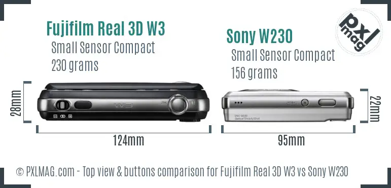 Fujifilm Real 3D W3 vs Sony W230 top view buttons comparison Fujifilm Real 3D W3 vs Sony W230 top view buttons comparison