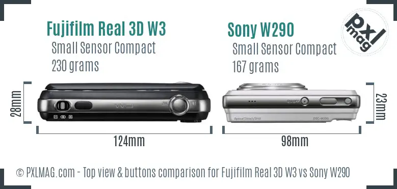 Fujifilm Real 3D W3 vs Sony W290 top view buttons comparison