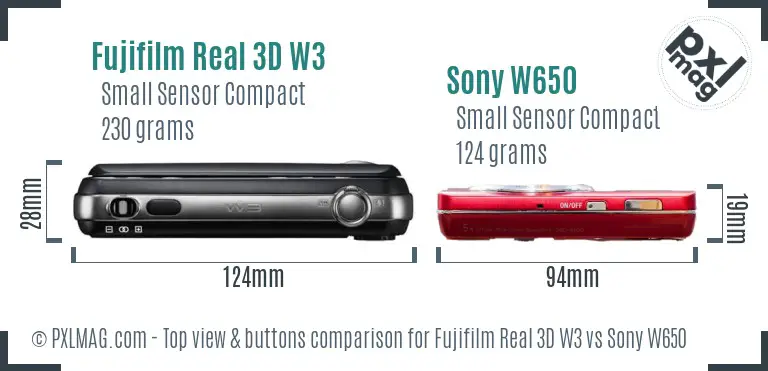 Fujifilm Real 3D W3 vs Sony W650 top view buttons comparison