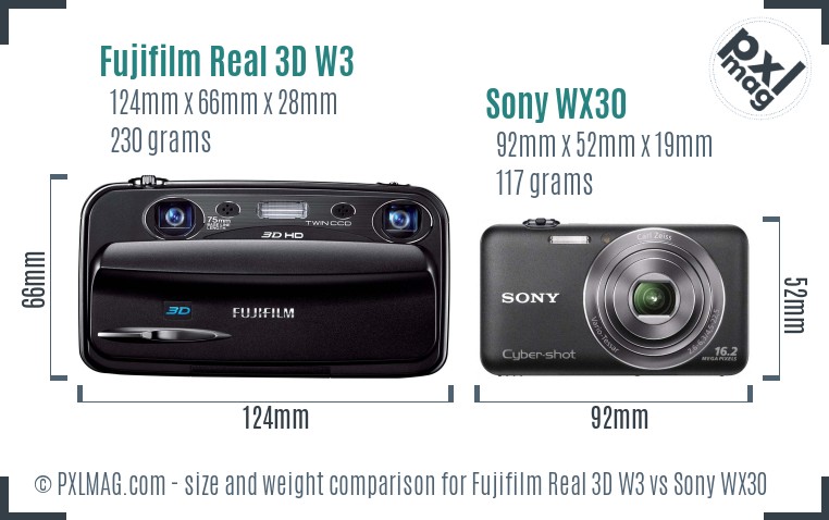 Fujifilm Real 3D W3 vs Sony WX30 size comparison Fujifilm Real 3D W3 vs Sony WX30 size comparison
