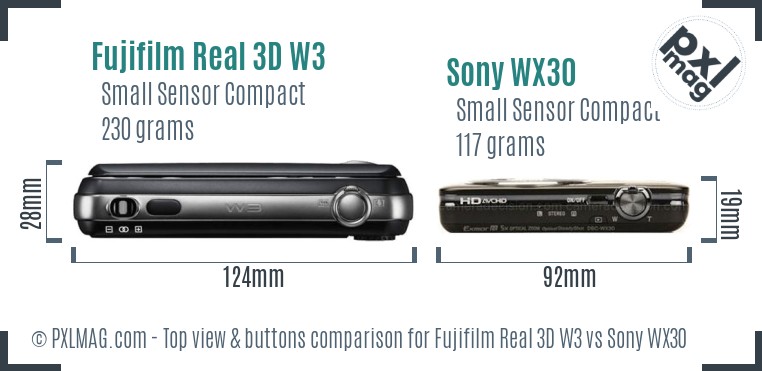 Fujifilm Real 3D W3 vs Sony WX30 top view buttons comparison