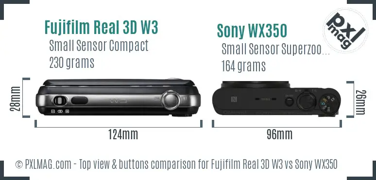 Fujifilm Real 3D W3 vs Sony WX350 top view buttons comparison Fujifilm Real 3D W3 vs Sony WX350 top view buttons comparison