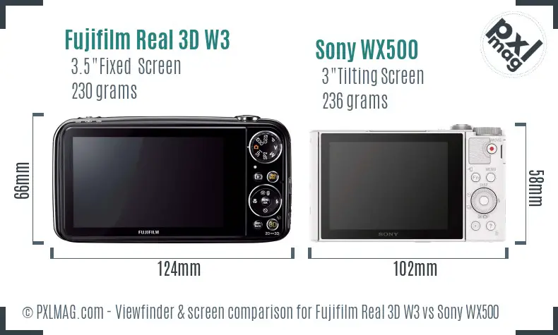 Fujifilm Real 3D W3 vs Sony WX500 Screen and Viewfinder comparison