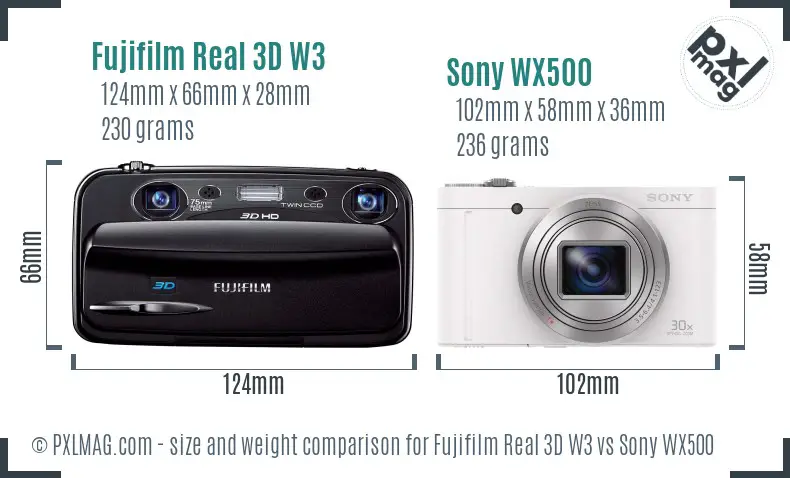 Fujifilm Real 3D W3 vs Sony WX500 size comparison