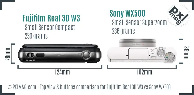 Fujifilm Real 3D W3 vs Sony WX500 top view buttons comparison