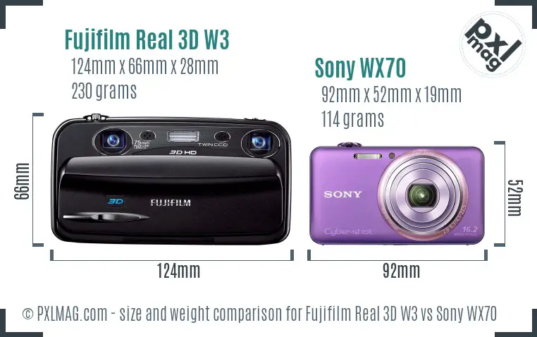 Fujifilm Real 3D W3 vs Sony WX70 size comparison Fujifilm Real 3D W3 vs Sony WX70 size comparison