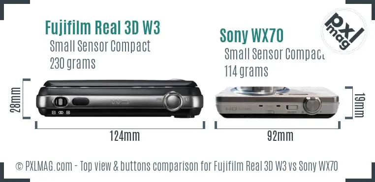 Fujifilm Real 3D W3 vs Sony WX70 top view buttons comparison Fujifilm Real 3D W3 vs Sony WX70 top view buttons comparison