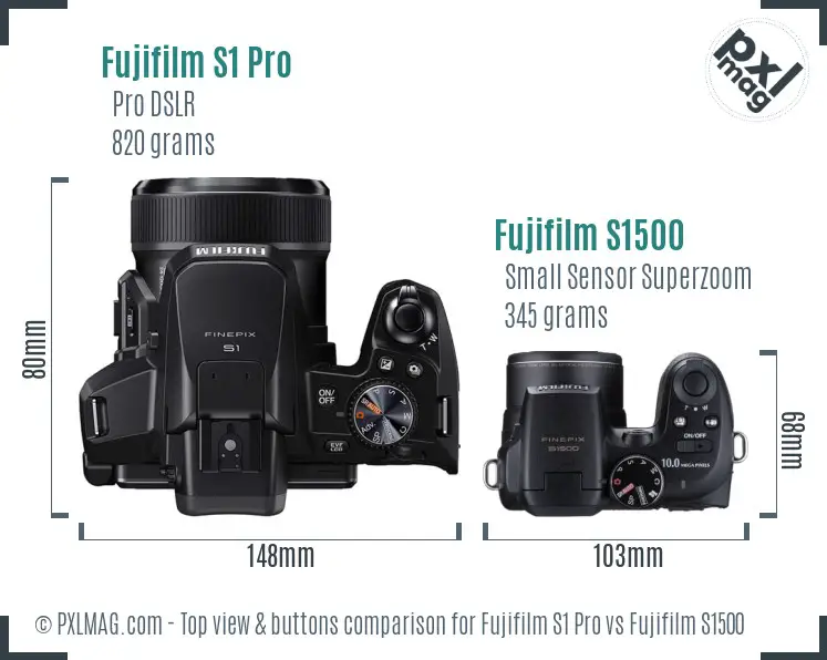 Fujifilm S1 Pro vs Fujifilm S1500 top view buttons comparison