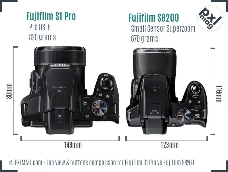 Fujifilm S1 Pro vs Fujifilm S8200 top view buttons comparison