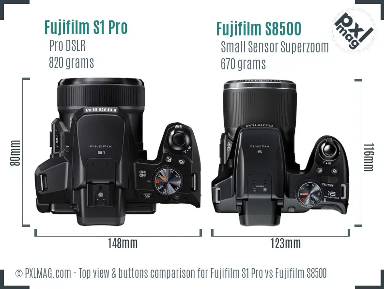 Fujifilm S1 Pro vs Fujifilm S8500 top view buttons comparison