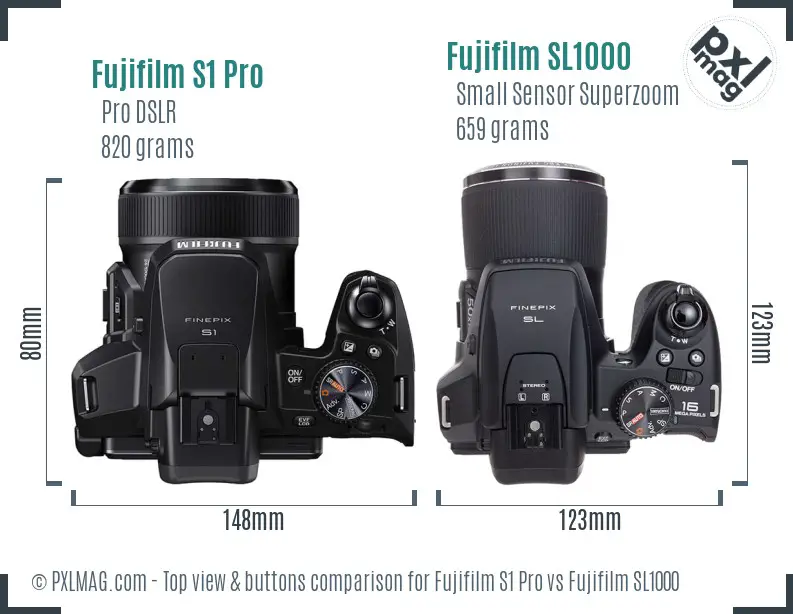 Fujifilm S1 Pro vs Fujifilm SL1000 top view buttons comparison Fujifilm S1 Pro vs Fujifilm SL1000 top view buttons comparison