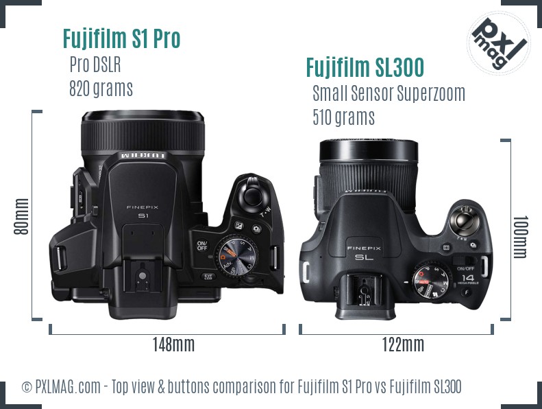 Fujifilm S1 Pro vs Fujifilm SL300 top view buttons comparison